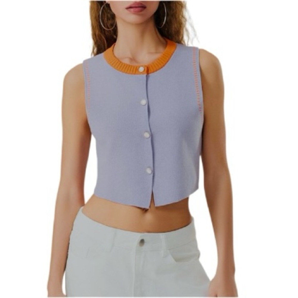 Vintage Crochet Knit Vest Sleeveless V-Neck‎ Front Button Up Cropped Tank Y2K